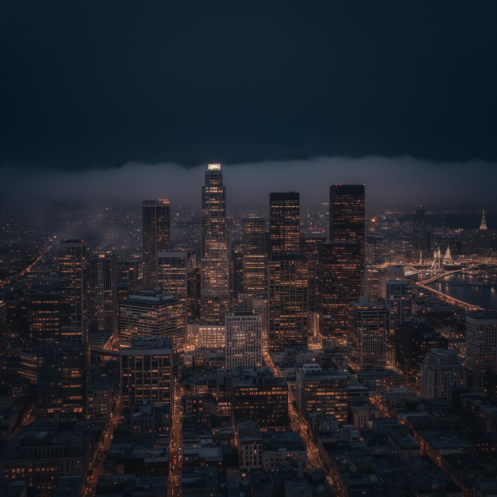 Nighttime San Francisco skyline glowing with warm window lights — Tazk Club headquarters.